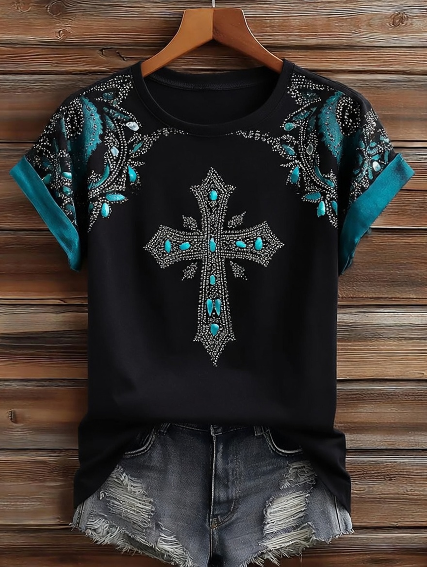 Camiseta de manga corta casual retro de mujer con estampado de fe