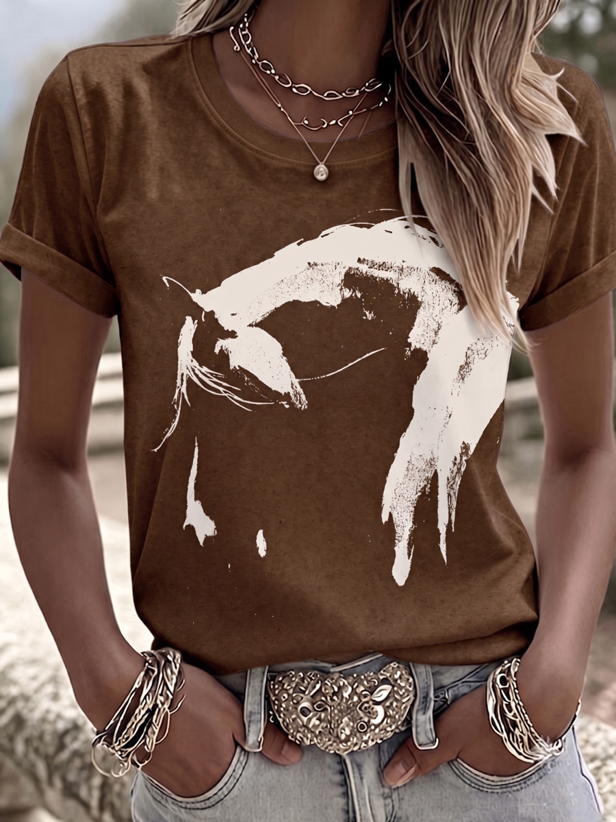 Damen T-Shirt mit Tiermuster, Western-Stil, Rundhalsausschnitt