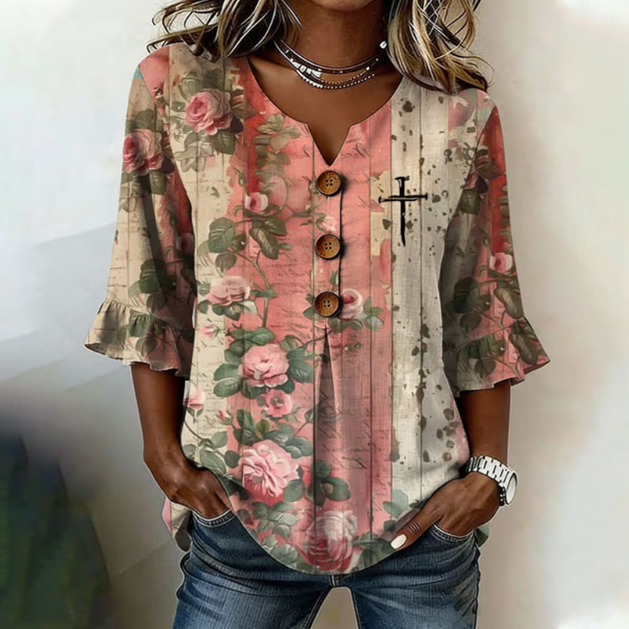 Women's Casual Retro Print Button-Up Shirt