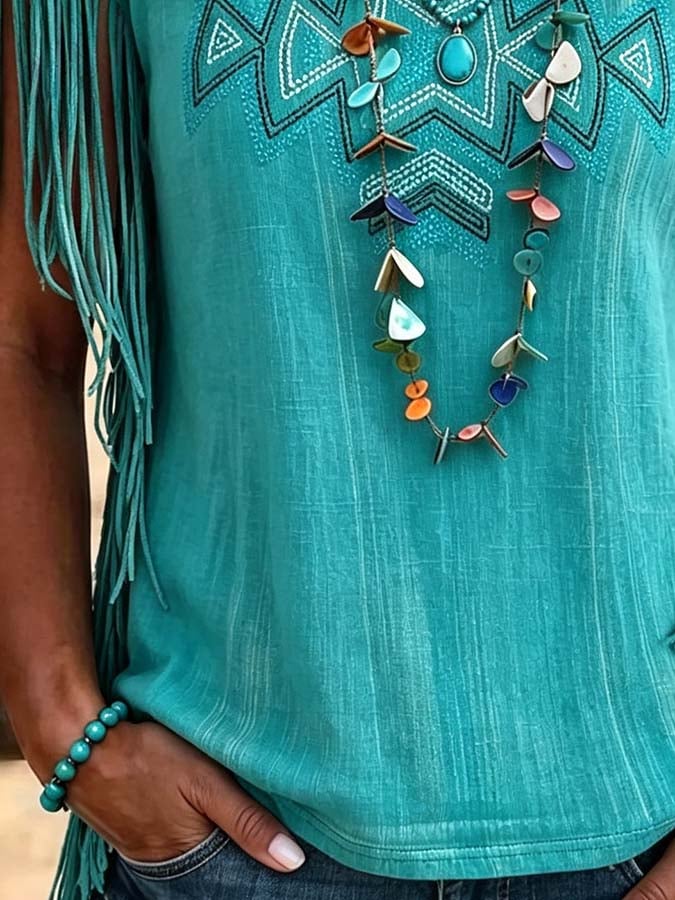 Women'S Casual Tassel Patchwork Printed Top