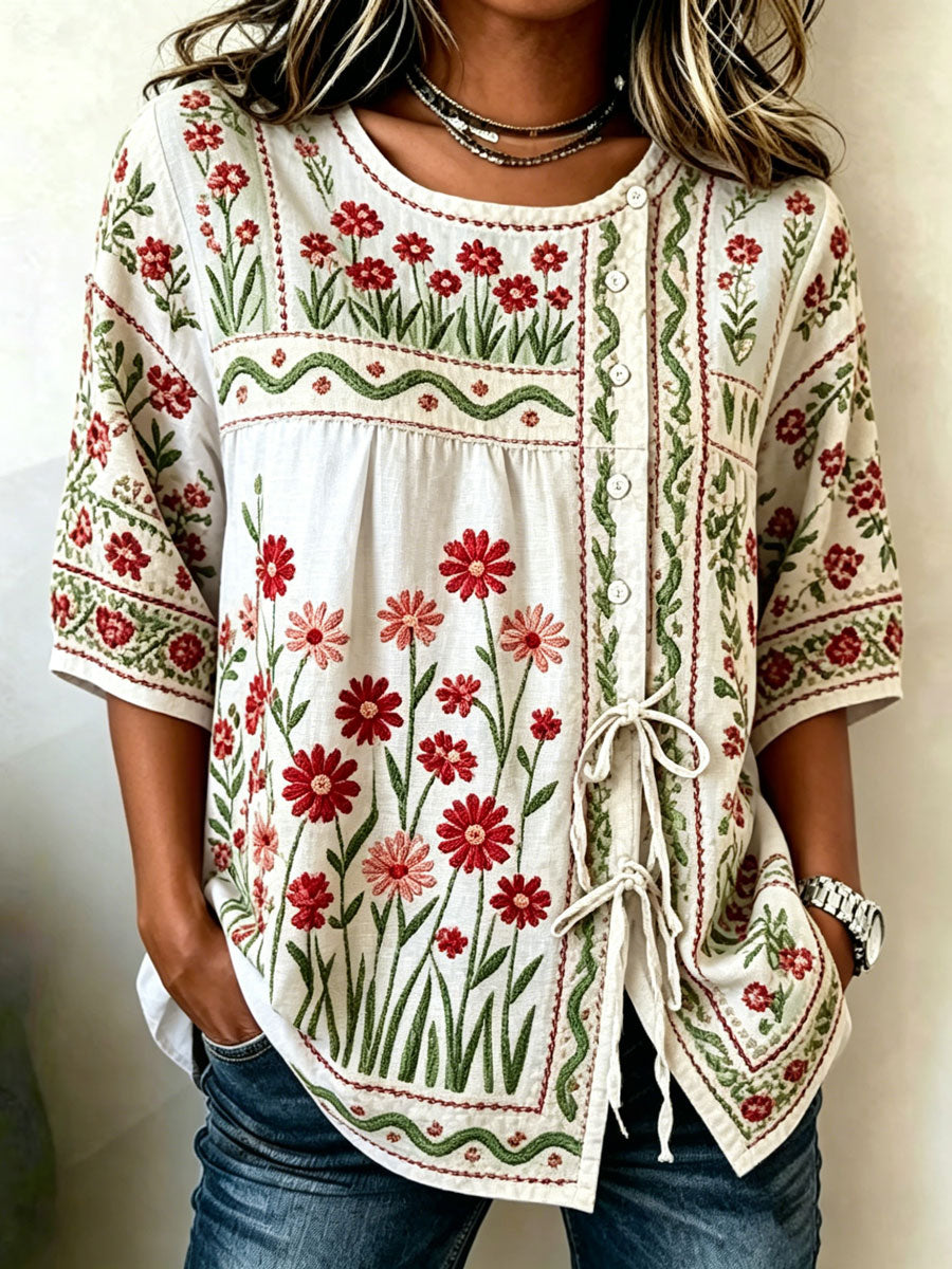 Top casual estampado de algodón y lino para mujer