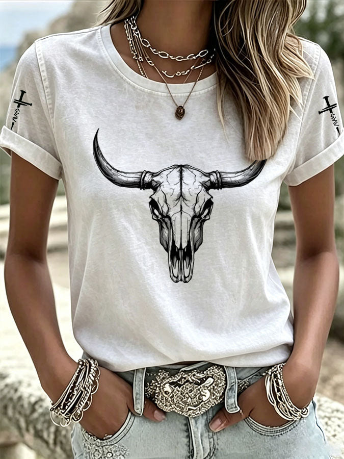 Camiseta casual de mujer western americana con cruz