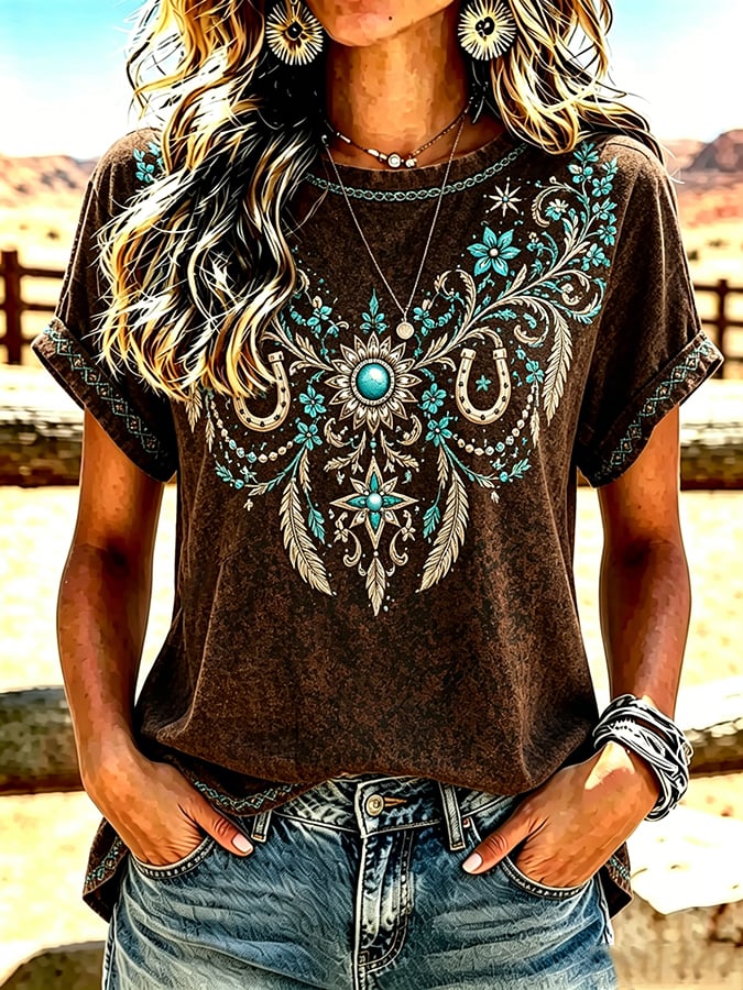 Women's Retro Western Style Print T-shirt