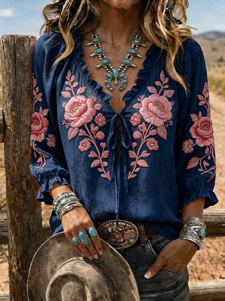Blusa western floral de encaje y con cordones para mujer