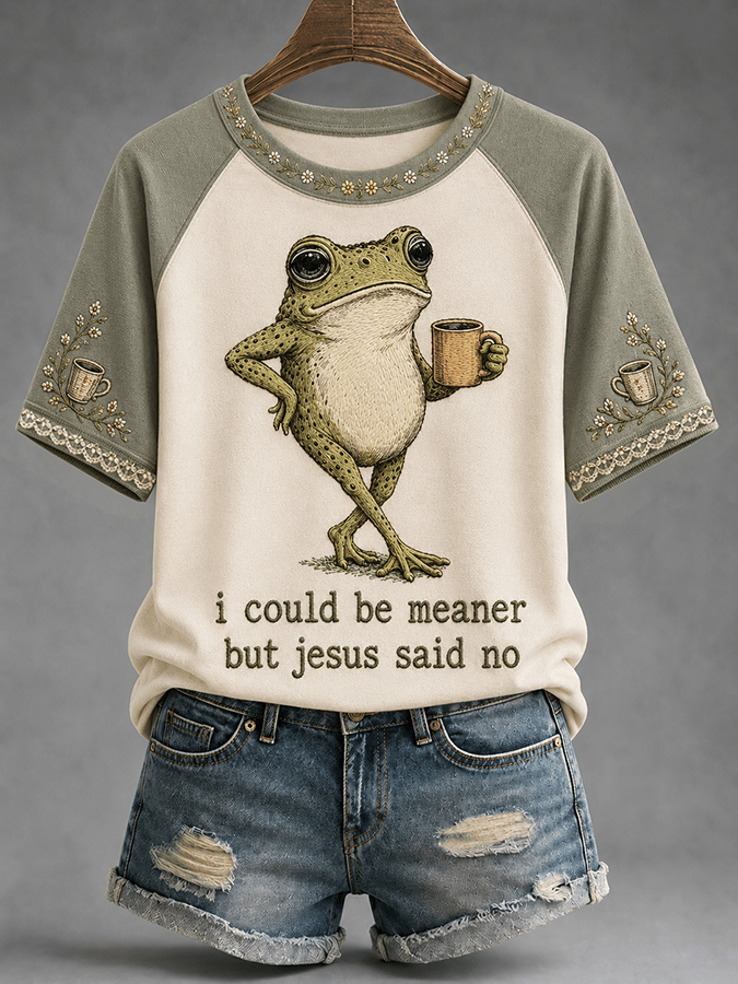 ”Ich könnte gemeiner sein, aber Jesus sagte Nein“ Lässiges Raglan-T-Shirt mit kurzen Ärmeln