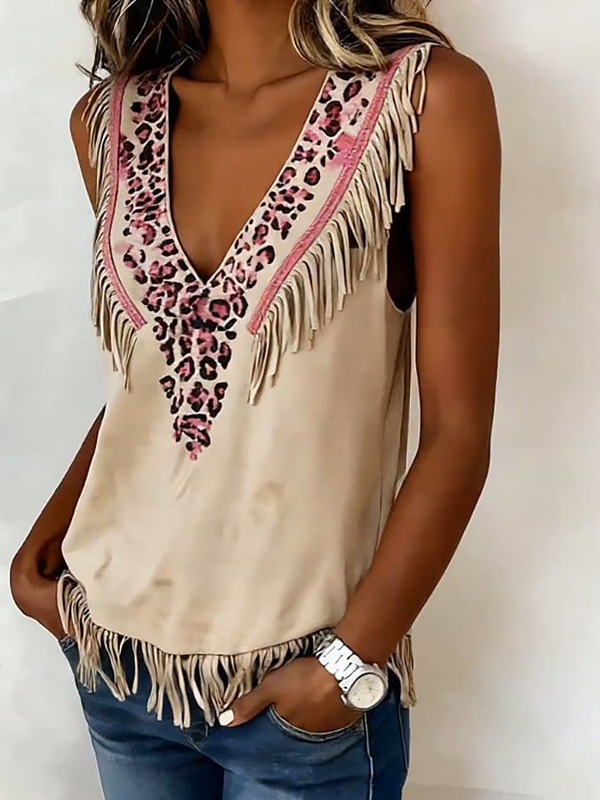 Women's Casual Leopard Print Tassel Top