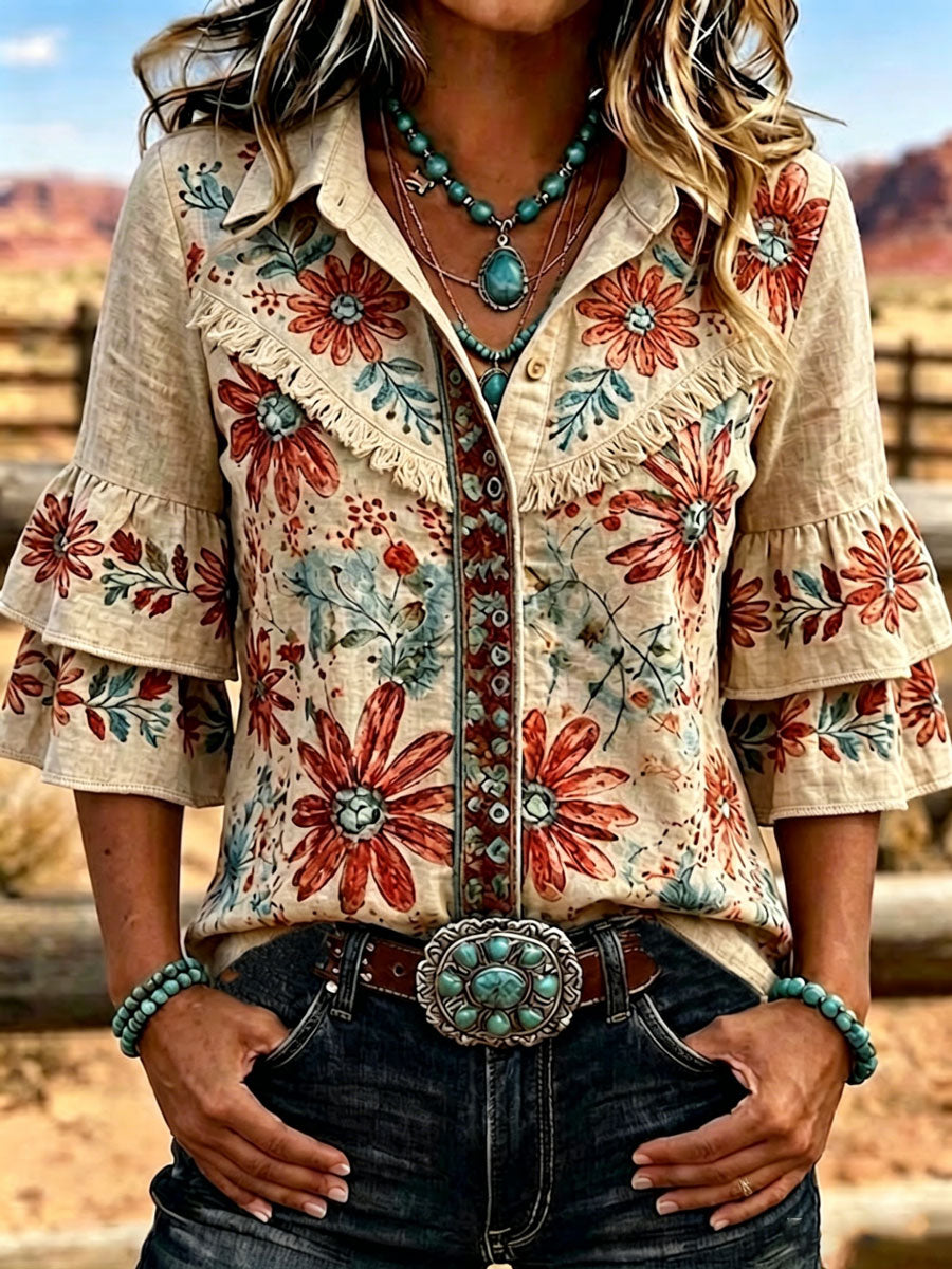 Camisa casual vintage de mujer con estampado floral, volantes y solapa