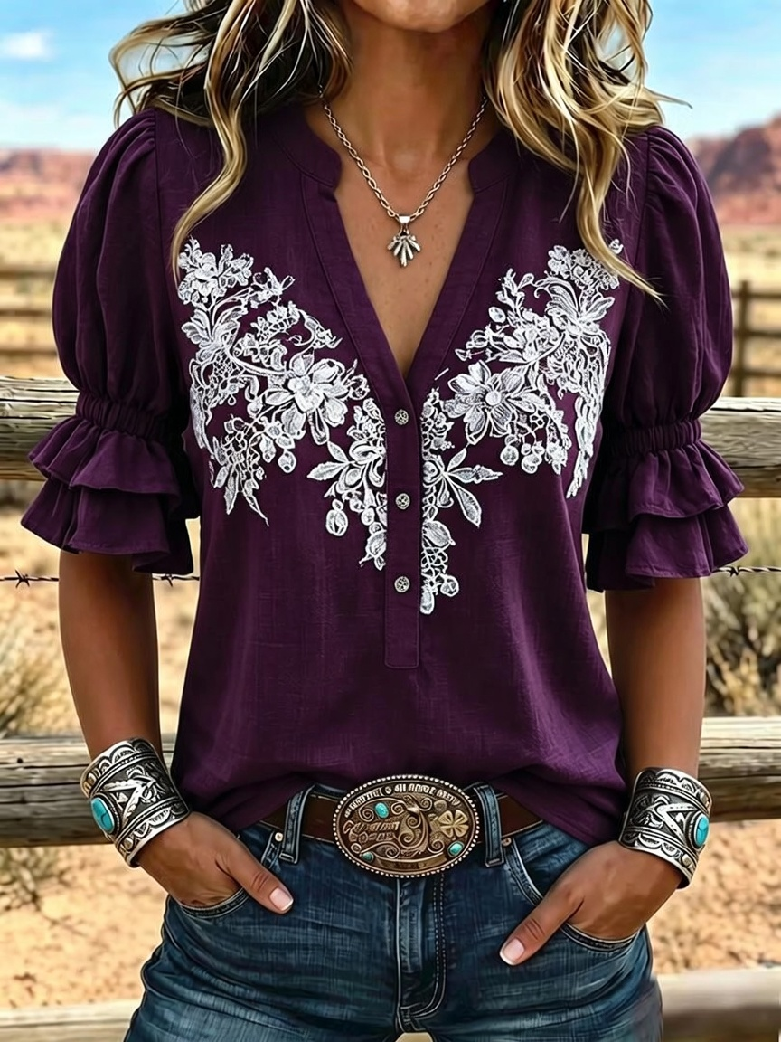 Camisa informal para mujer con estampado de arte vintage y mangas abullonadas