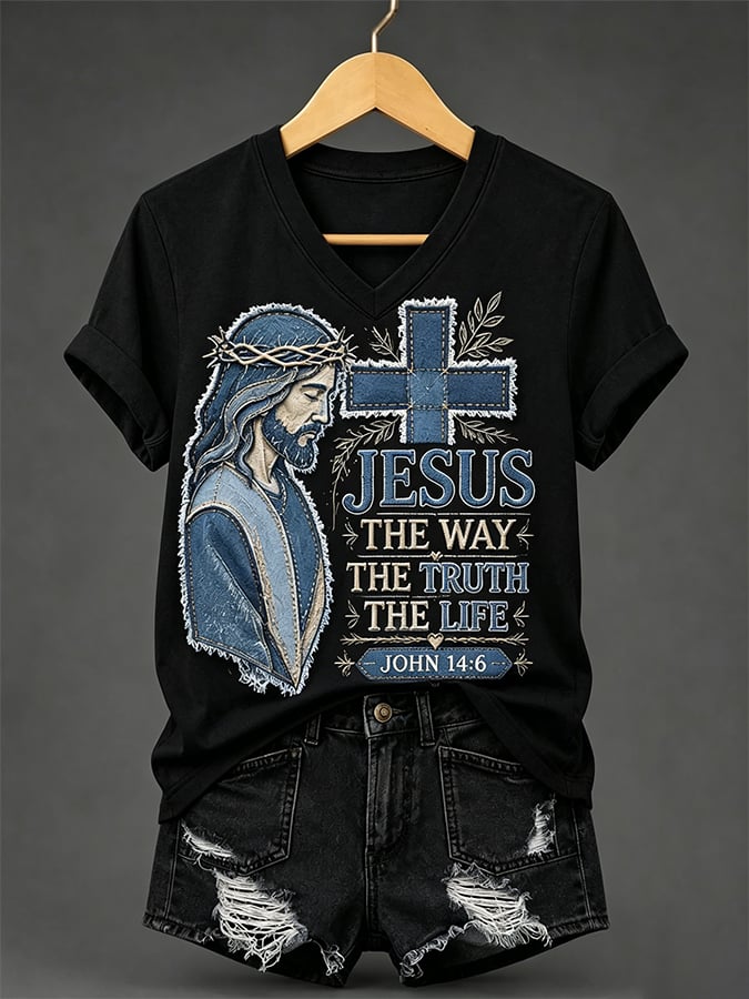 Camiseta retro con estampado «Jesús, el camino, la verdad y la vida» y temática de fe para mujer