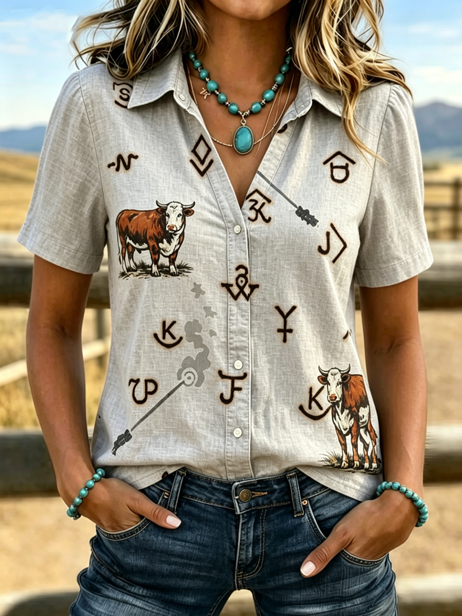 Women'S Retro Western Style Printed Short Sleeved Shirt