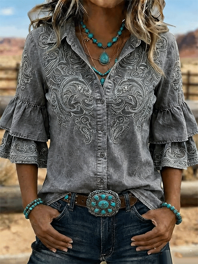 Camisa casual vintage de mujer con estampado floral, volantes y solapa