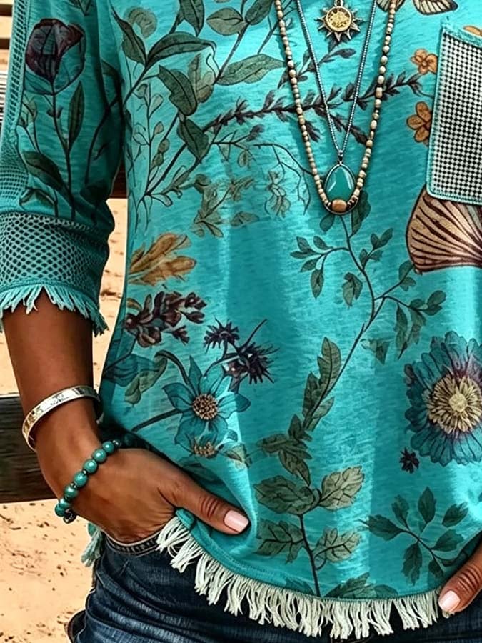 Women'S Casual Tassel Patchwork Printed Top