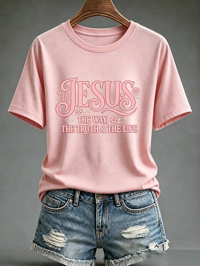 Parte superior estampada de fe con cruz para mujer: «Jesús, el camino, la verdad y la vida»