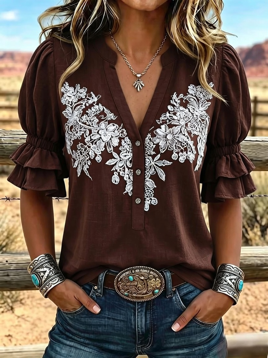 Camisa informal para mujer con estampado de arte vintage y mangas abullonadas