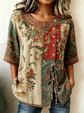 Women'S Casual Print Cotton Linen Top