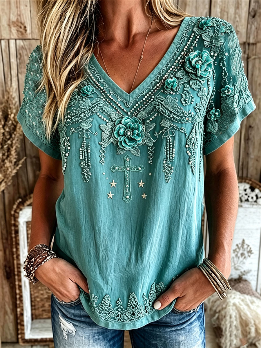 Women'S Vintage Western Turquoise Floral Faith Print Linen Short-Sleeved T-Shirt
