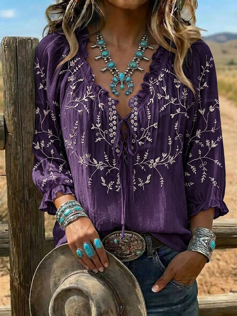 Camisa informal para mujer con estampado floral vintage, volante y lazo