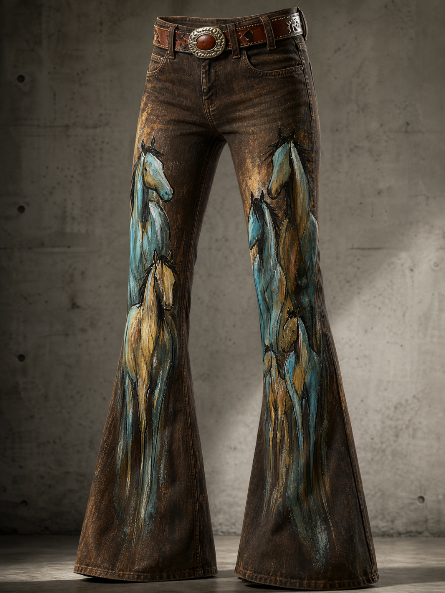 Women's Western Horse Printed Casual Jeans