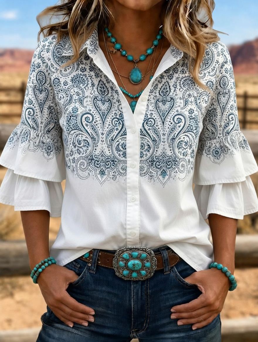 Camisa western para mujer con estampado paisley degradado, doble volante, mangas acampanadas y botones