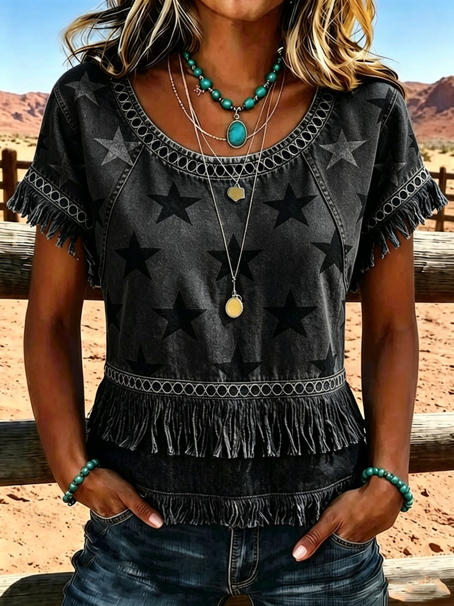Camisa informal vintage de estilo western estadounidense para mujer, con motivo del 250.º aniversario y paneles con flecos