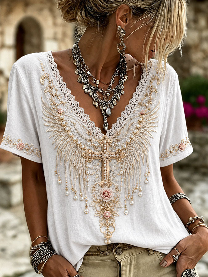 Camiseta de manga corta con cuello en V para mujer, de algodón y lino, con cruz, flores blancas y diseño de fe