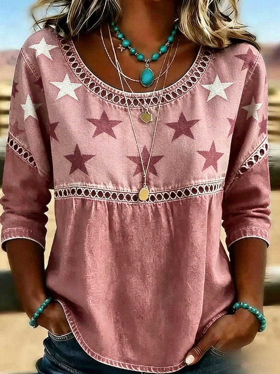 Top informal para mujer de algodón y lino, con cuello redondo y estampado