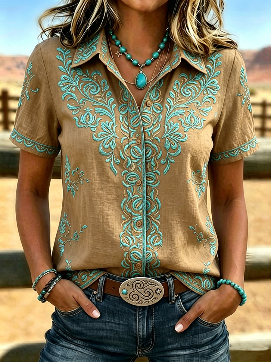 Camisa estampada de arte étnico retro para mujer