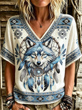 Women's Western-Style Blue Wolf & Dreamcatcher V-Neck Short-Sleeve T-Shirt