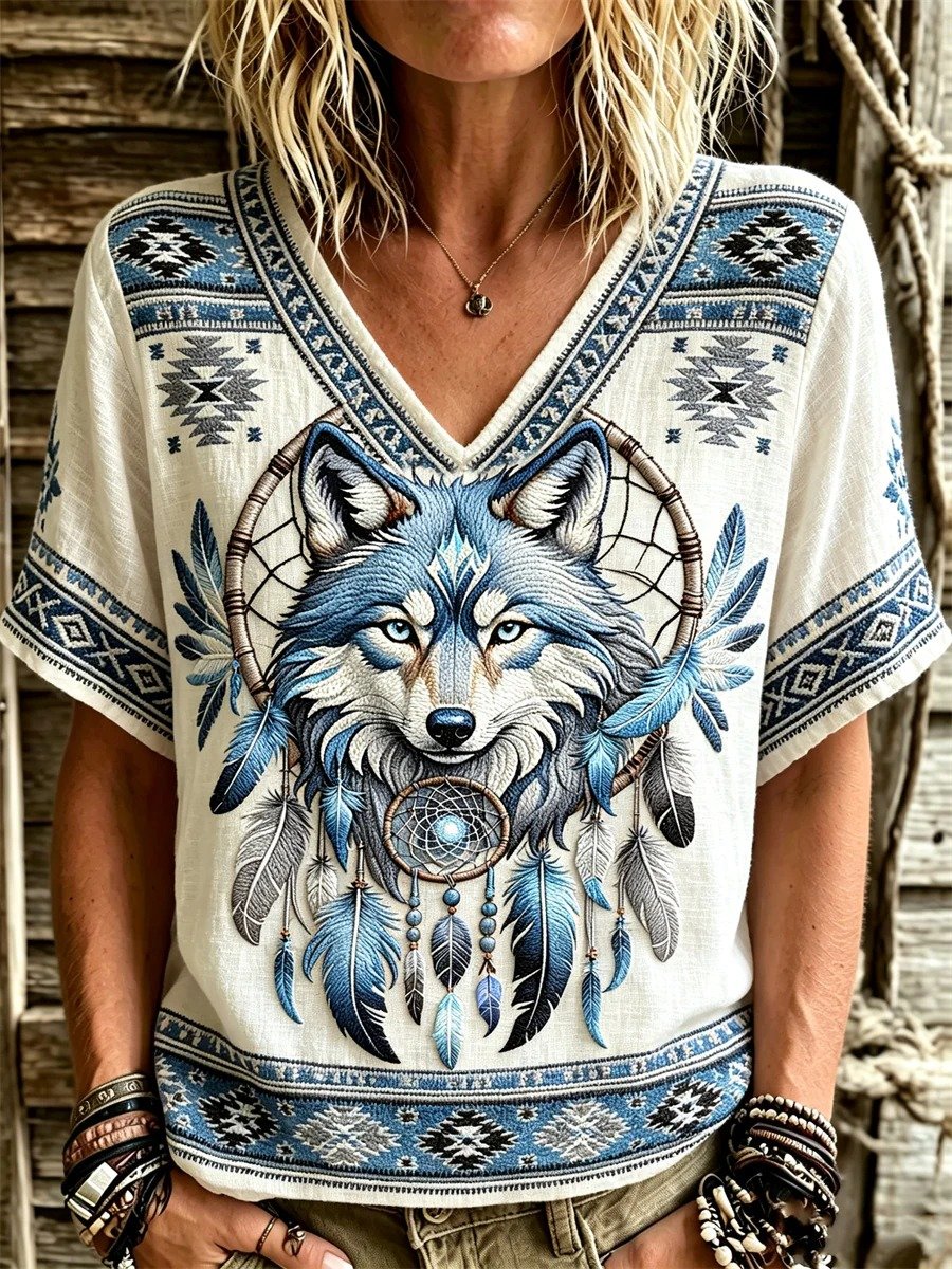 Women's Western-Style Blue Wolf & Dreamcatcher V-Neck Short-Sleeve T-Shirt