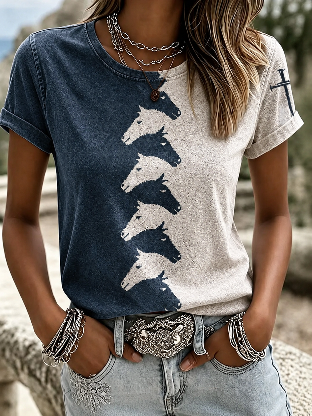 Women'S Western Style Animal Cross Round Neck T-Shirt