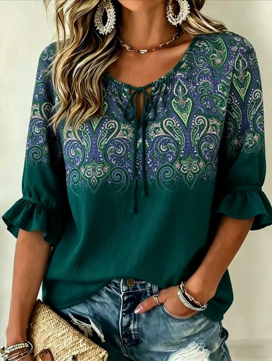 Camisa casual vintage de mujer con estampado de flores y patchwork