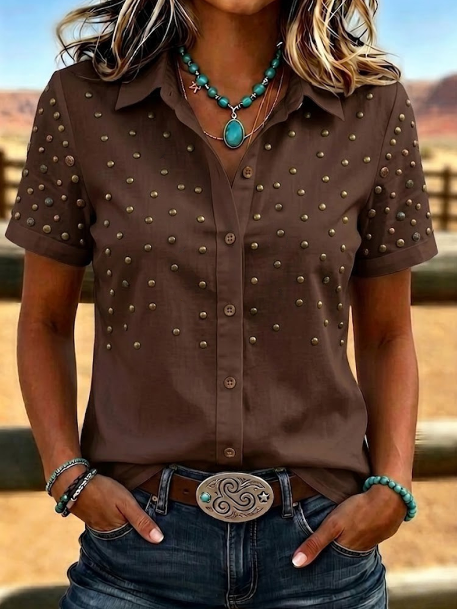 Women'S Retro Western Style Printed Short Sleeved Shirt
