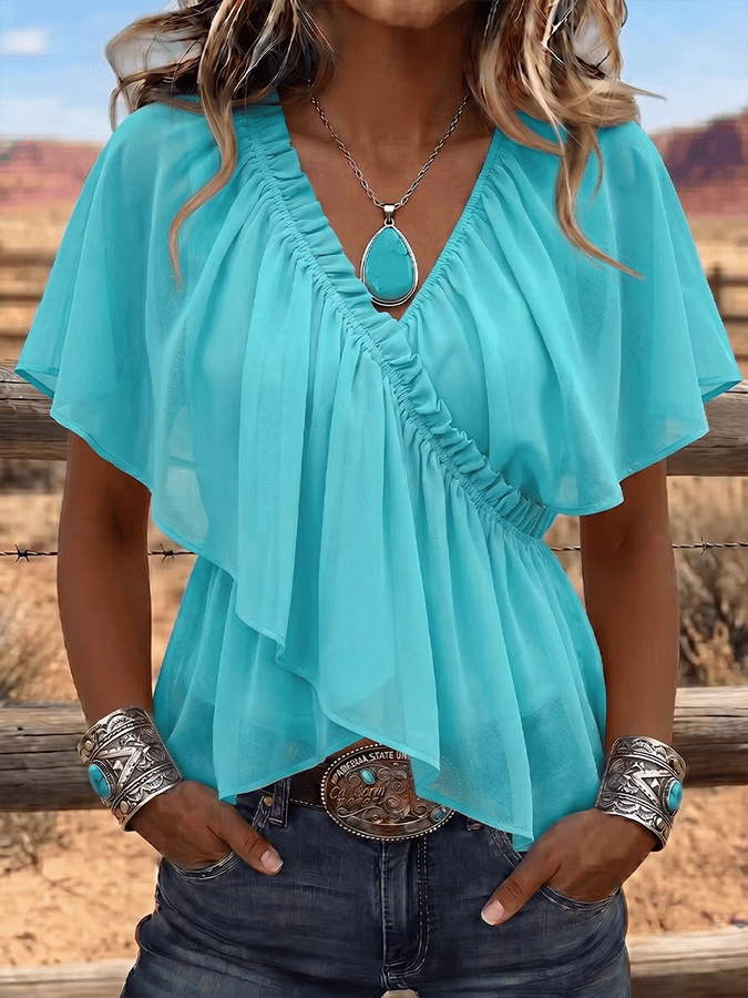 Women'S V-Neck Solid Color Top With Ruffled Trim