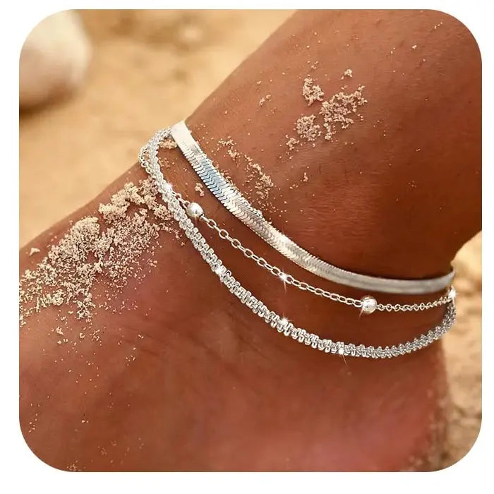 Silver Layered Waterproof Anklet Set for Women