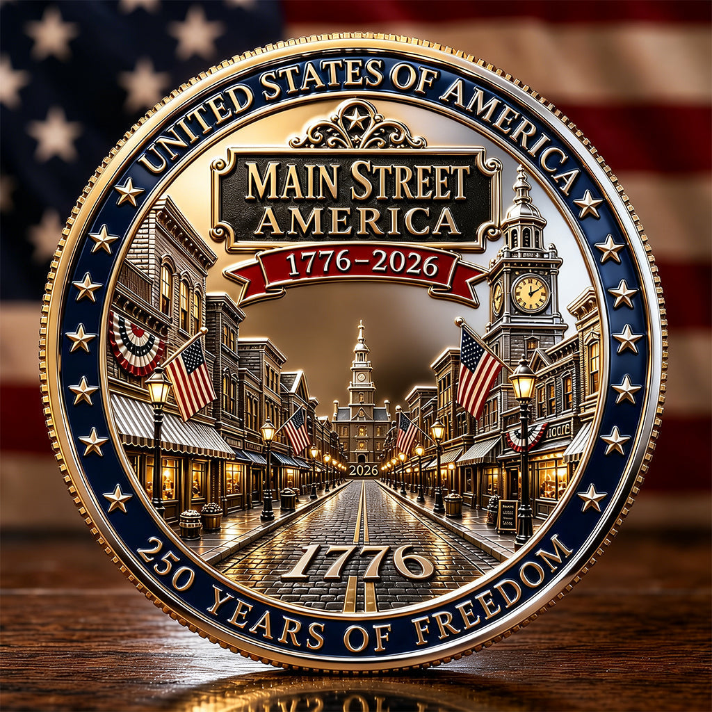 Main Street America 1776–2026 250th Anniversary Commemorative Coin | Double-Sided Patriotic Eagle & Liberty Bell Collectible Coin
