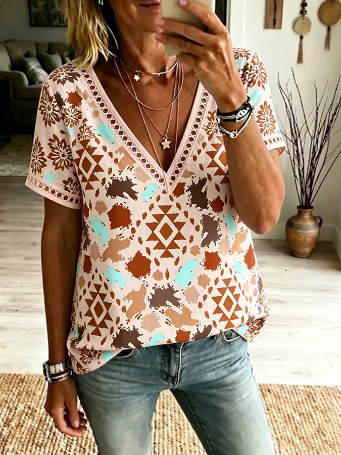 Women's Boho Aztec Print V Neck Lace Trim Casual Short Sleeve Top