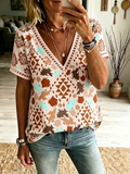 Women's Boho Aztec Print V Neck Lace Trim Casual Short Sleeve Top