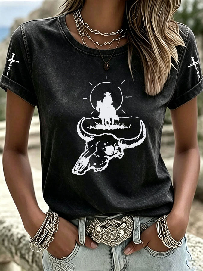 Camiseta casual de mujer de estilo vaquero con «American Love Jesus» y cuello redondo