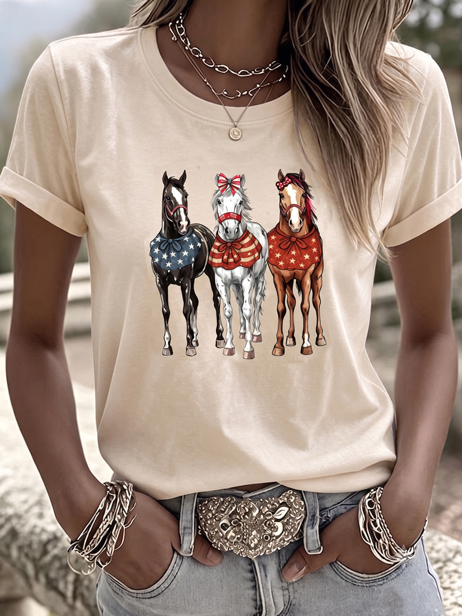 Women's Western style animal cross round neck T-shirt