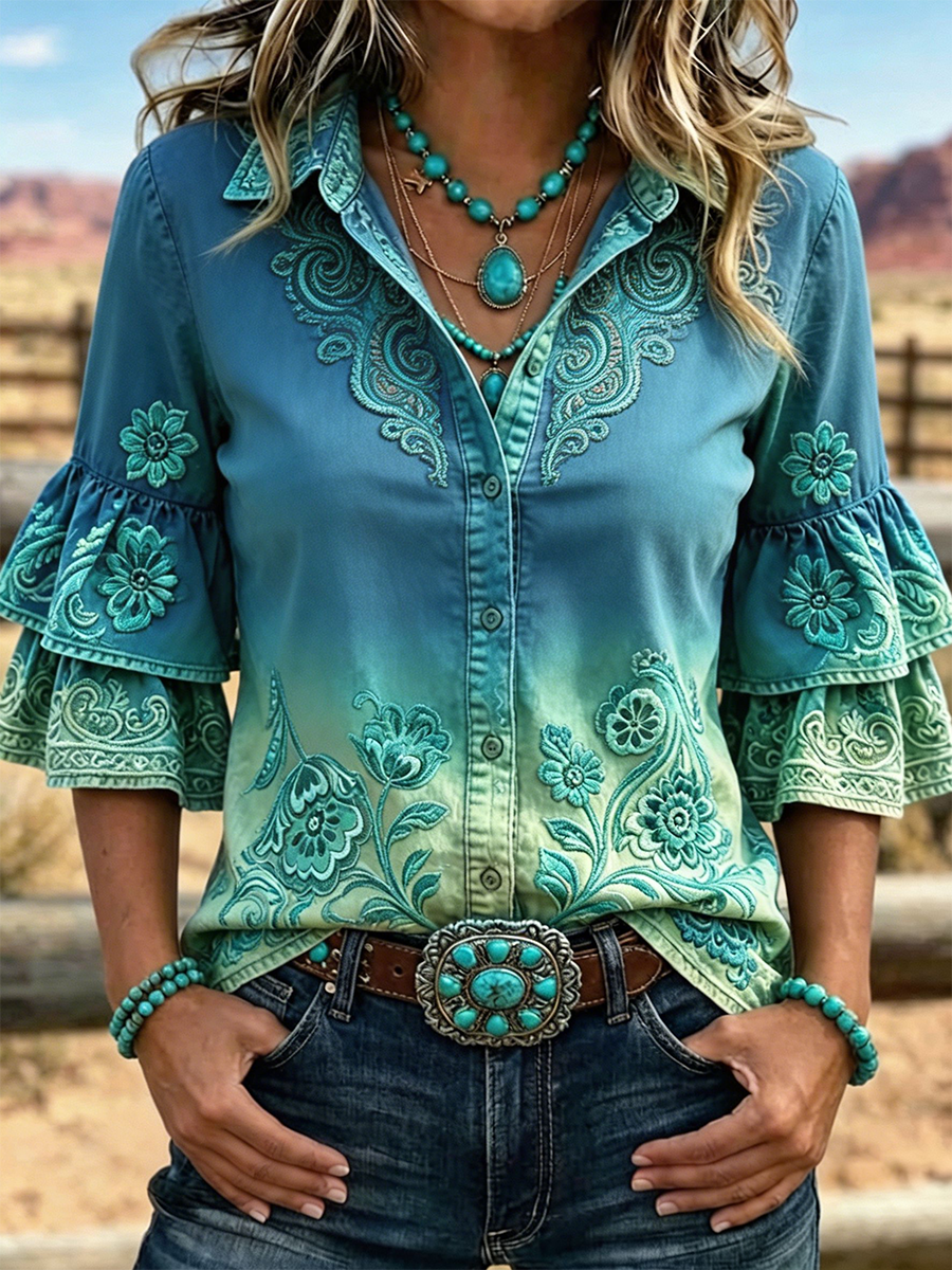 Camisa western para mujer con bordado floral paisley, solapa superpuesta, volante y mangas acampanadas