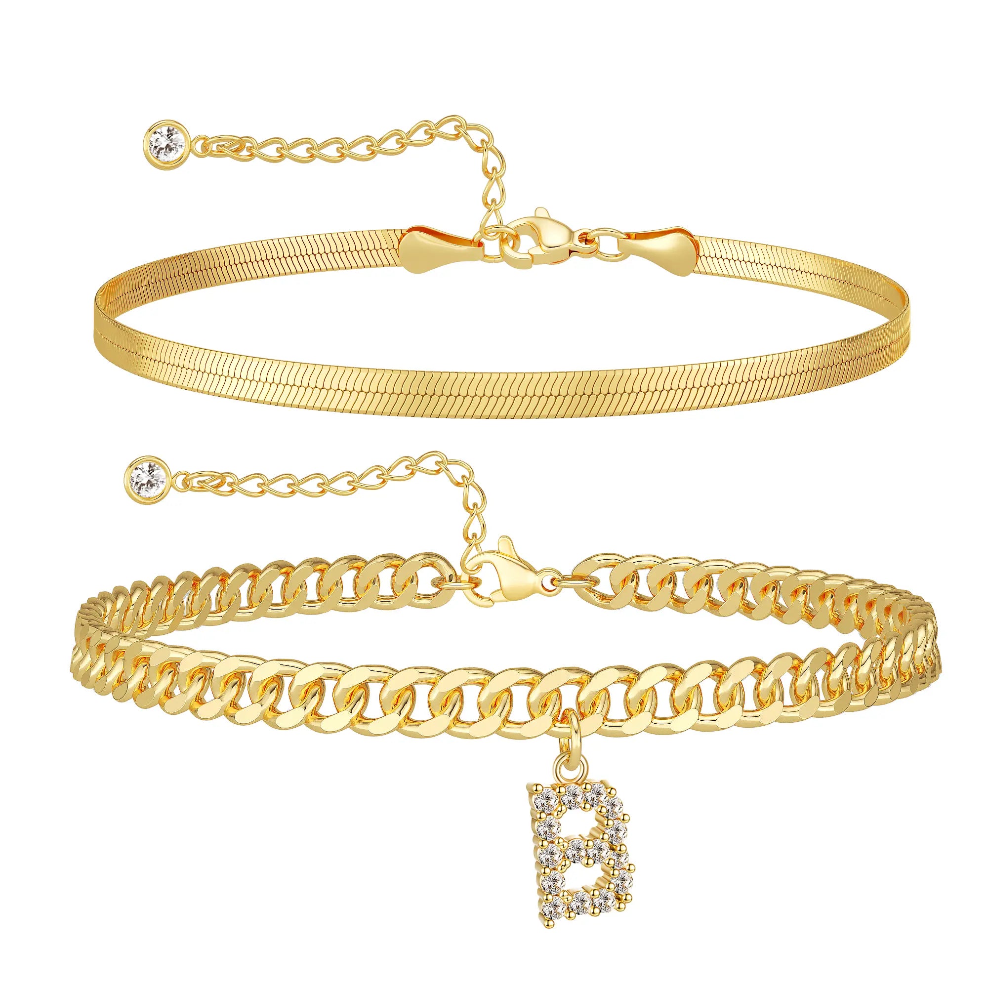 Women's Gold Stackable Anklet Set with Letter Pendant