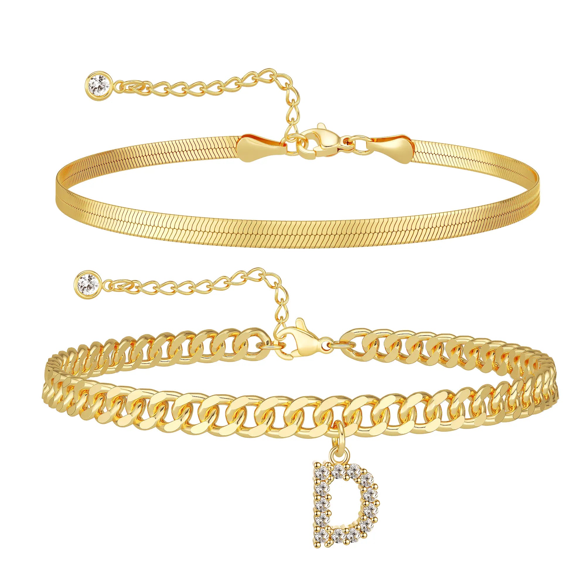 Women's Gold Stackable Anklet Set with Letter Pendant