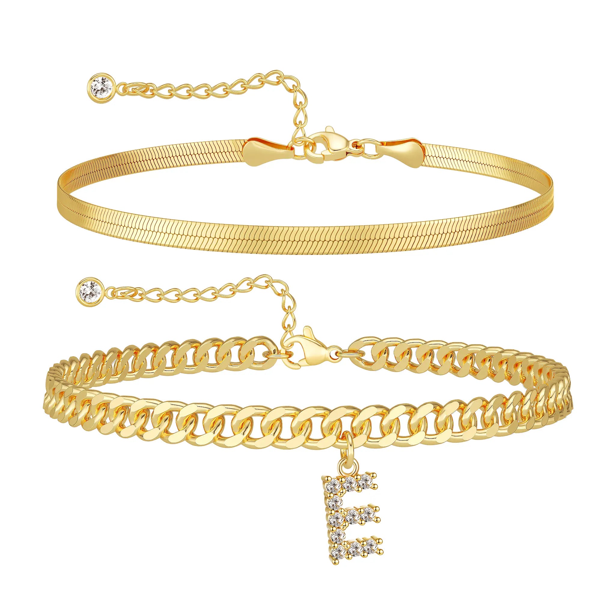 Women's Gold Stackable Anklet Set with Letter Pendant