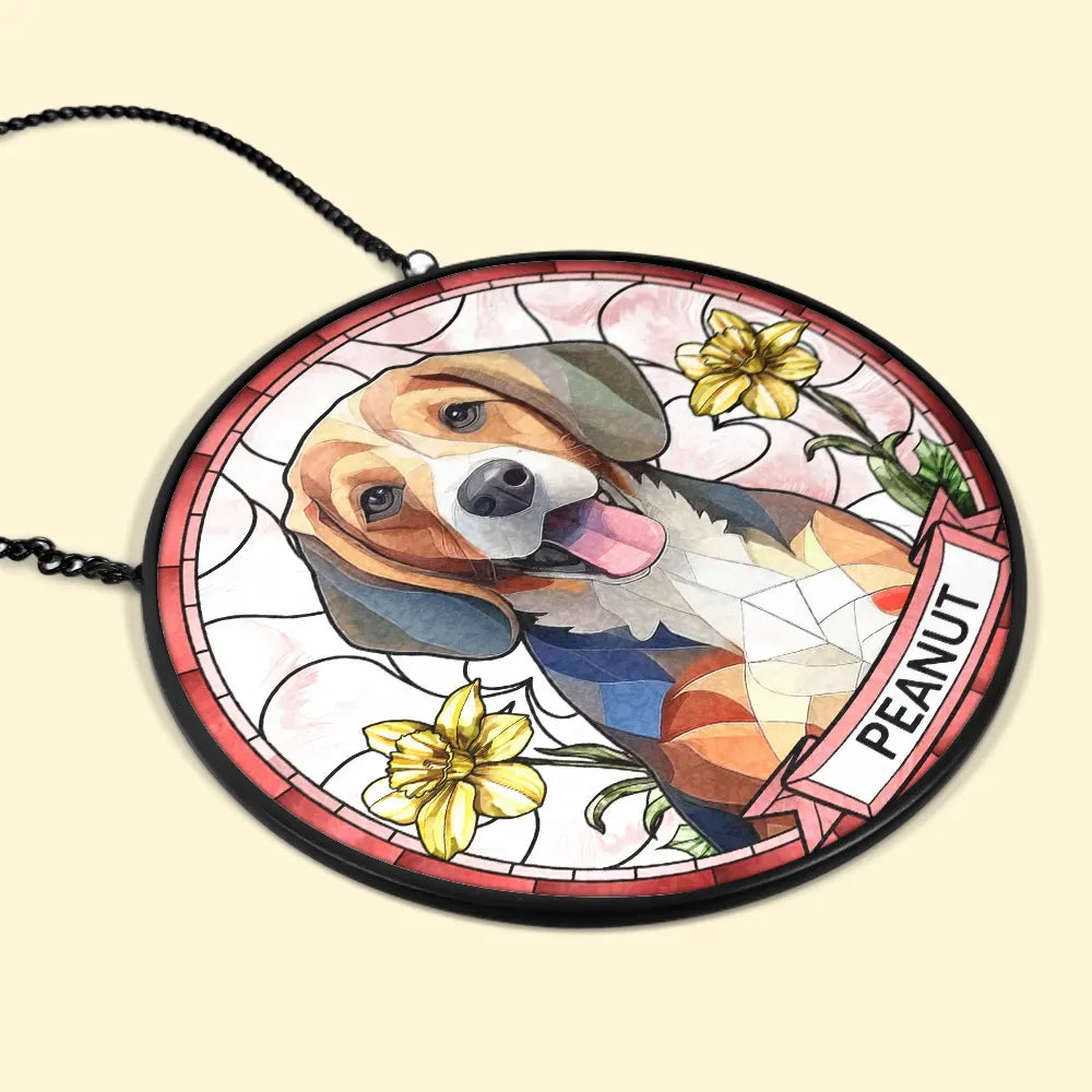 Custom Photo Dog Cat Portrait With Birth Flower - Personalized Stained Glass Window Hanging Suncatcher