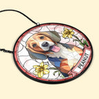 Custom Photo Dog Cat Portrait With Birth Flower - Personalized Stained Glass Window Hanging Suncatcher