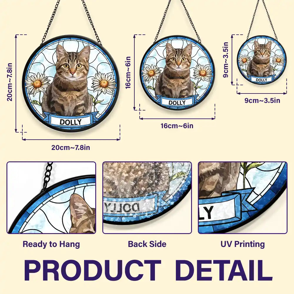 Custom Photo Dog Cat Portrait With Birth Flower - Personalized Stained Glass Window Hanging Suncatcher