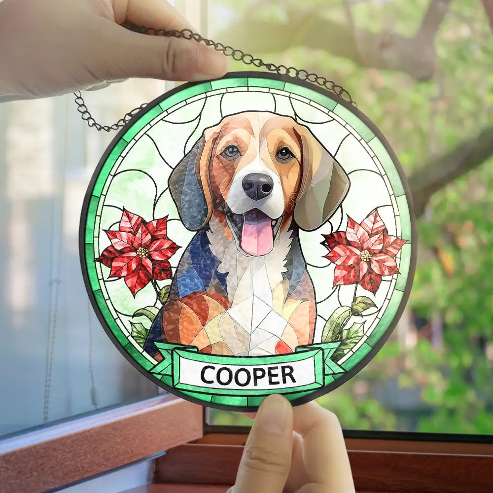 Custom Photo Dog Cat Portrait With Birth Flower - Personalized Stained Glass Window Hanging Suncatcher
