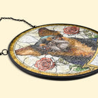 Custom Photo Dog Cat Portrait With Birth Flower - Personalized Stained Glass Window Hanging Suncatcher