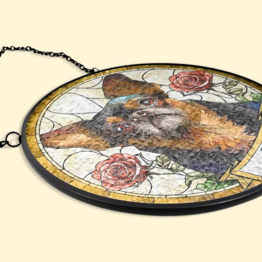 Custom Photo Dog Cat Portrait With Birth Flower - Personalized Stained Glass Window Hanging Suncatcher