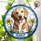 Custom Photo Dog Cat Portrait With Birth Flower - Personalized Stained Glass Window Hanging Suncatcher